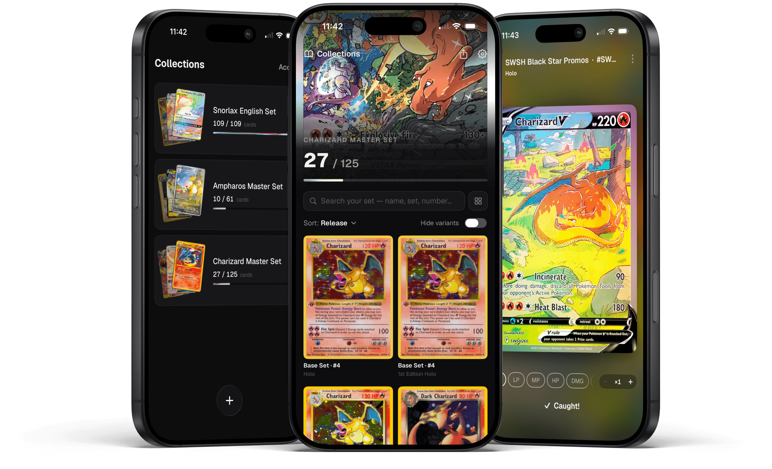 Three iPhones showing Caught!: a list of collections, the Charizard Master Set, and a Charizard V card marked as caught.